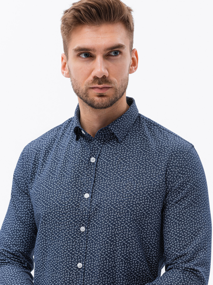 Bawełniana koszula męska z mikro printem paisley REGULAR FIT - granatowa V2 K636