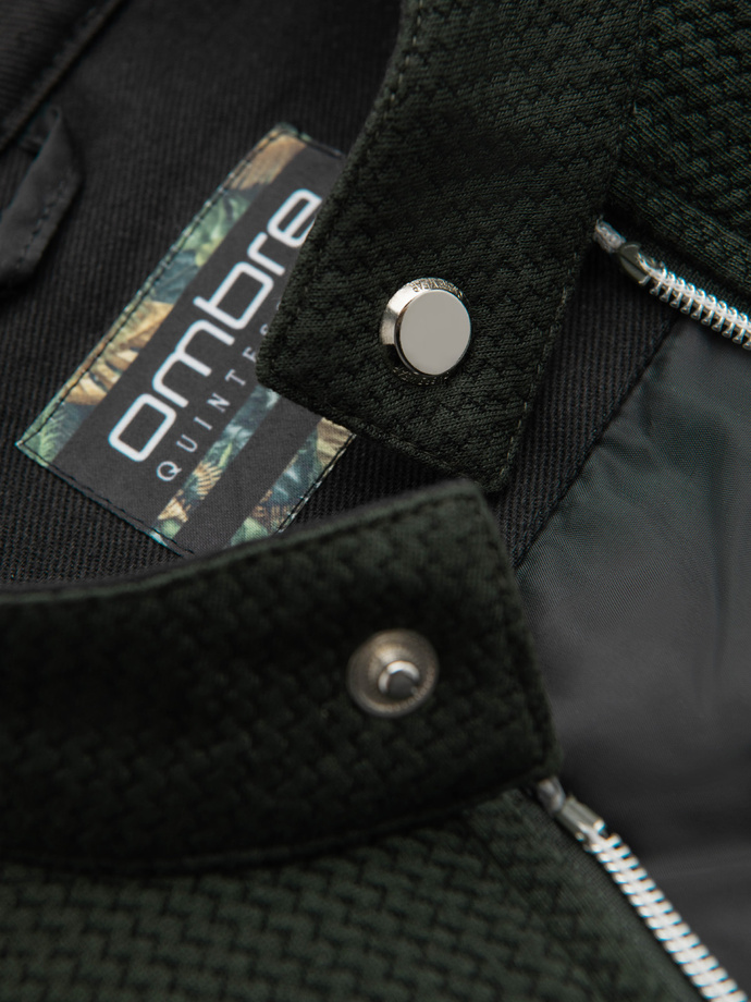 Strukturalna kurtka biker męska ze stójką – ciemnozielona V3 OM-JANP-0229