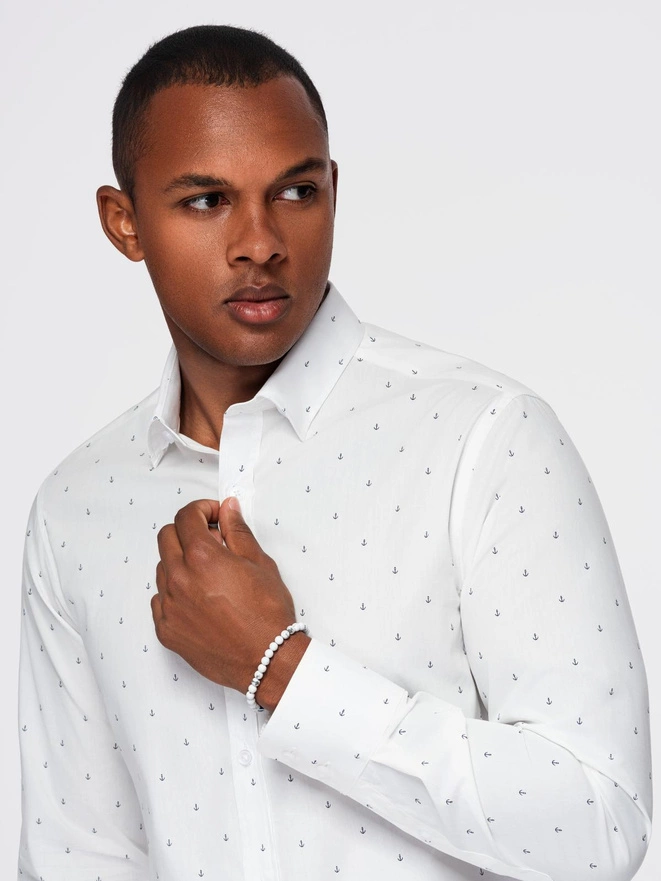 Klasyczna męska bawełniana koszula SLIM FIT w kotwice - biała V3 OM-SHCS-0156