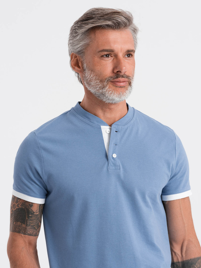T-shirt męski polo bez kołnierzyka - niebieski V3 S1381