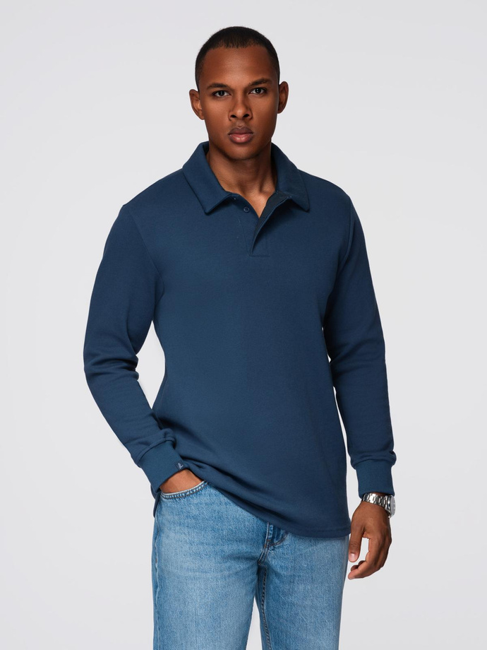 Bluza męska z kołnierzykiem polo ze strukturalnej dzianiny - ciemnoniebieska V5 OM-SSNZ-0149