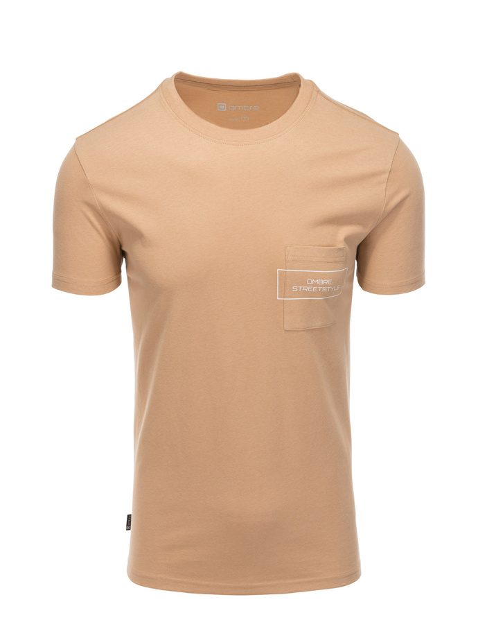 T-shirt męski bawełniany z nadrukiem na kieszonce - jasnobrązowy V6 S1742