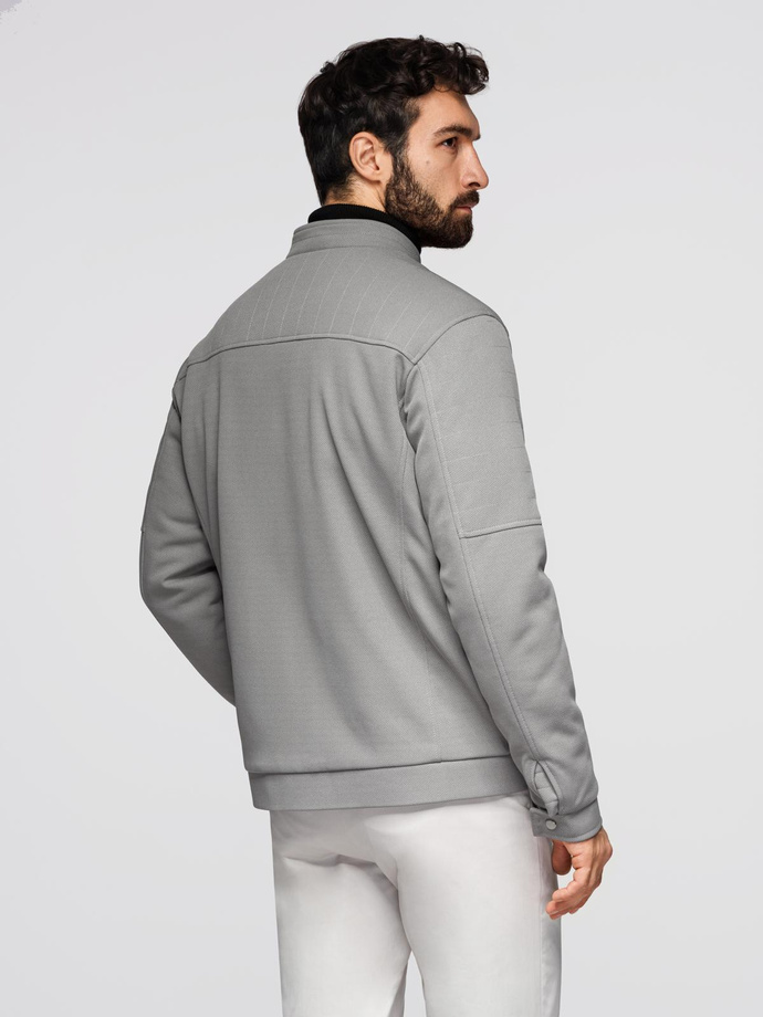 Męska kurtka typu biker z kieszeniami i stójką – szara V3 OM-JALP-0157