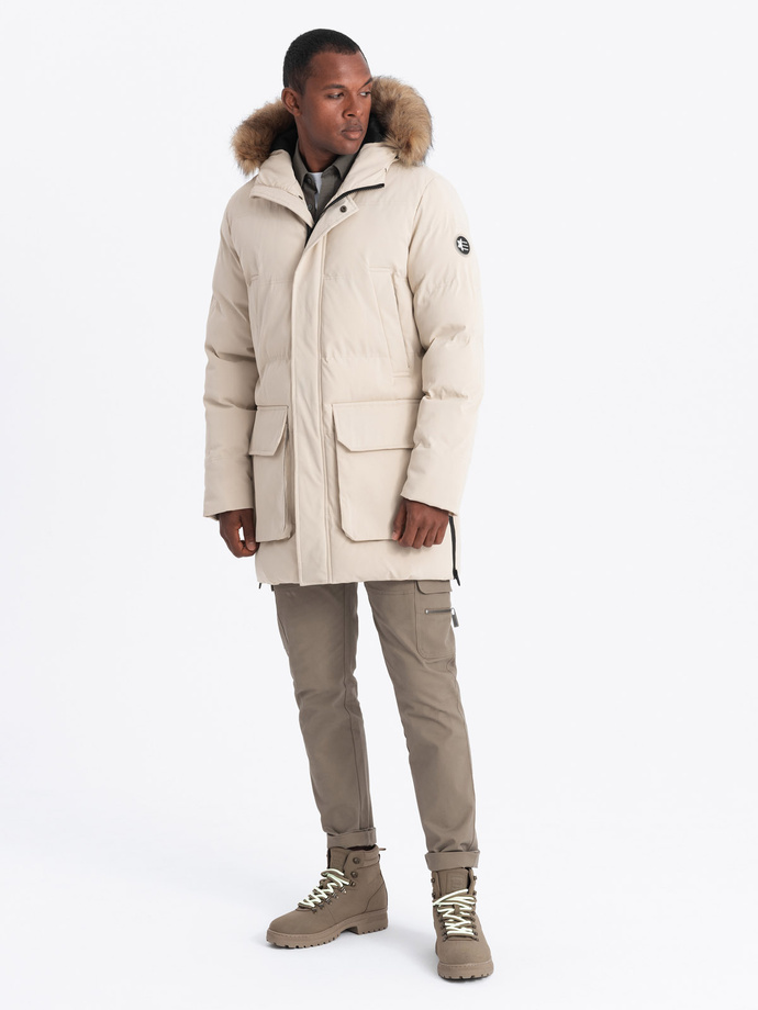 Ocieplana długa męska kurtka parka z rozpinanym dołem – kremowa V1 OM-JALJ-0184