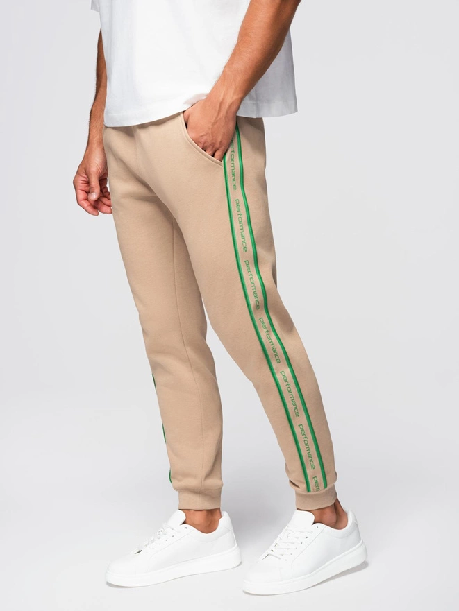 Sportowe spodnie męskie jogger z lampasami – brązowe V1 OM-PASK-0284