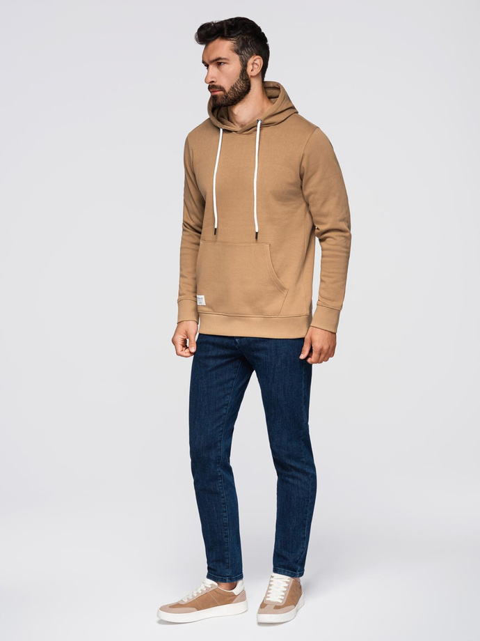 Męska bluza dresowa BASIC kangurka z kapturem - brązowa V2 B1674
