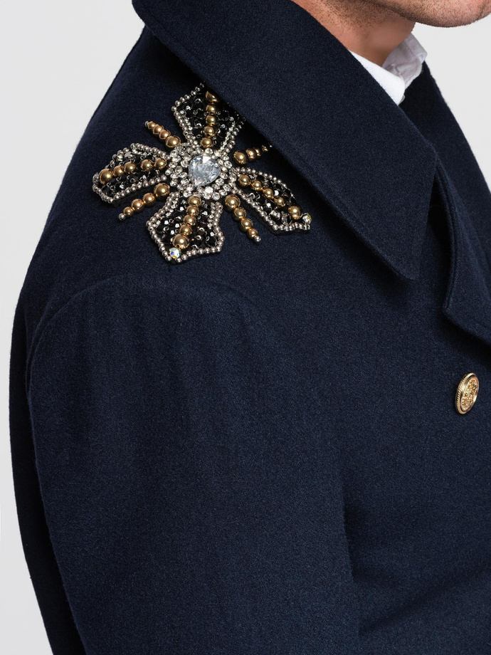 Męski dwurzędowy płaszcz z wełną oraz ozdobnymi aplikacjami na ramionach - V1 granatowy OM-COWC-0150