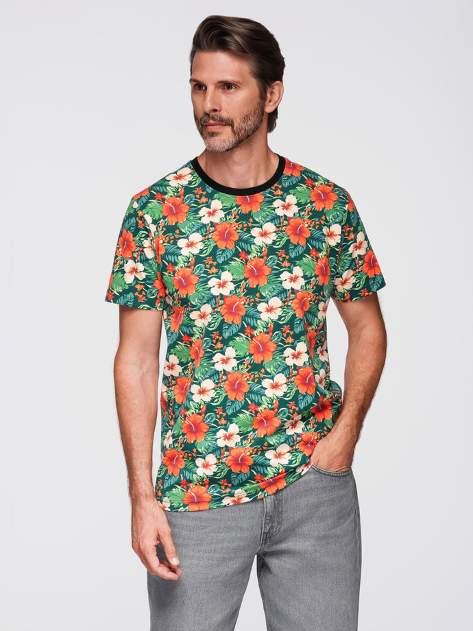 Męski t-shirt bawełniany w kwiatowy wzór full print – czarny V2 OM-TSFP-0249