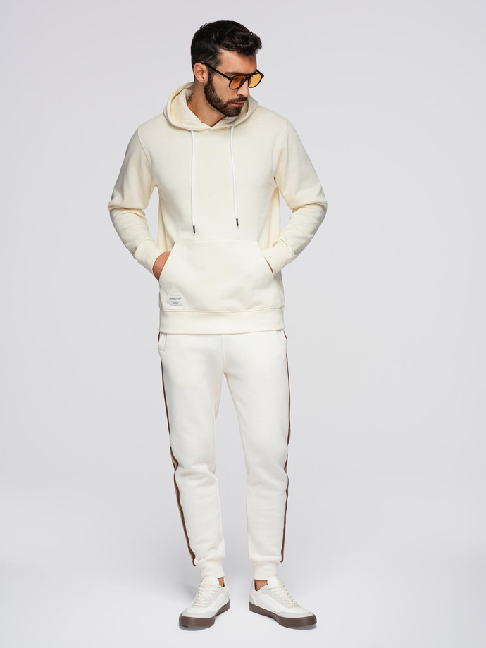 Męska bluza dresowa BASIC kangurka z kapturem - kremowa V11 B1674