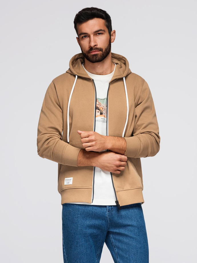 Bluza męska dresowa BASIC rozpinana z kapturem - brązowa V2 OM-SSBZ-0178