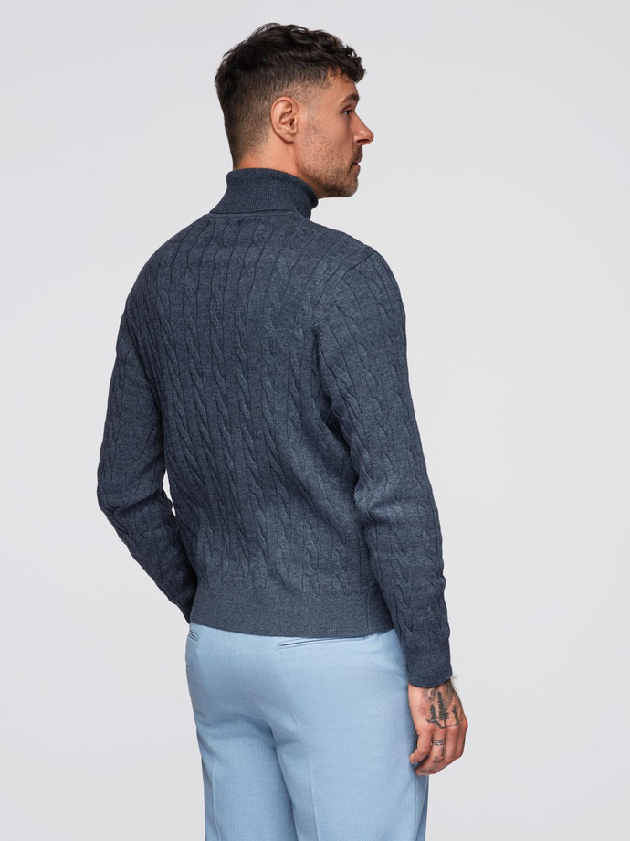 Męski sweter golf z warkoczowym splotem – granatowy V3 OM-SWTN-0157