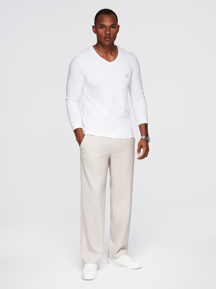 Męski longsleeve V-neck SLIM FIT z elastanem i printem – biały V2 OM-LSBC-0123