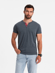 T-shirt męski z rozpinanym okrągłym dekoltem henley – granatowy V5 OM-TSCT-0155