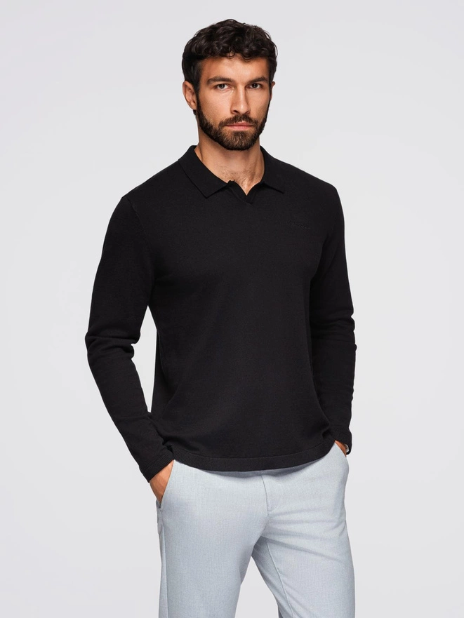 Męski sweter polo z haftem na piersi – czarny V1 OM-POLS-0140