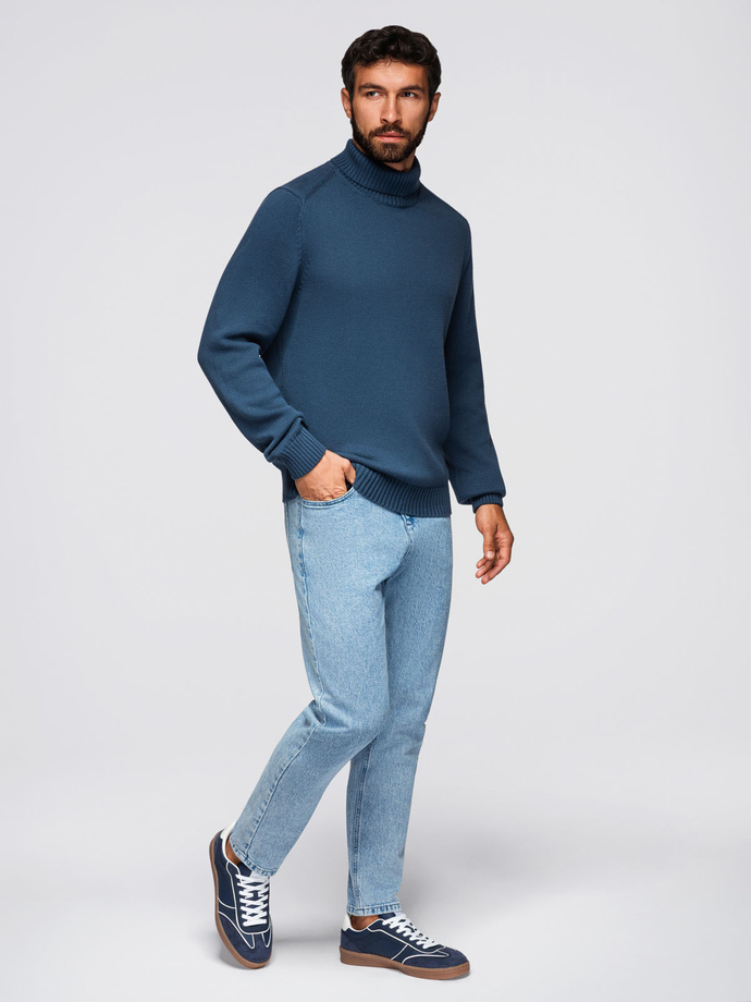 Męski golf sweter z dzianiny – ciemnoniebieski V2 OM-SWTN-0163