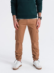 Spodnie męskie z kieszeniami cargo i ściągaczem na dole nogawki - jasnobrązowe V3 OM-PACG-0189