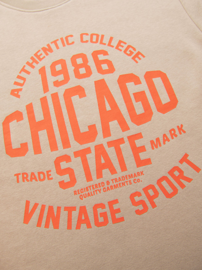 Bluza męska nierozpinana z nadrukiem collegowym - piaskowa V1 OM-SSPS-0154