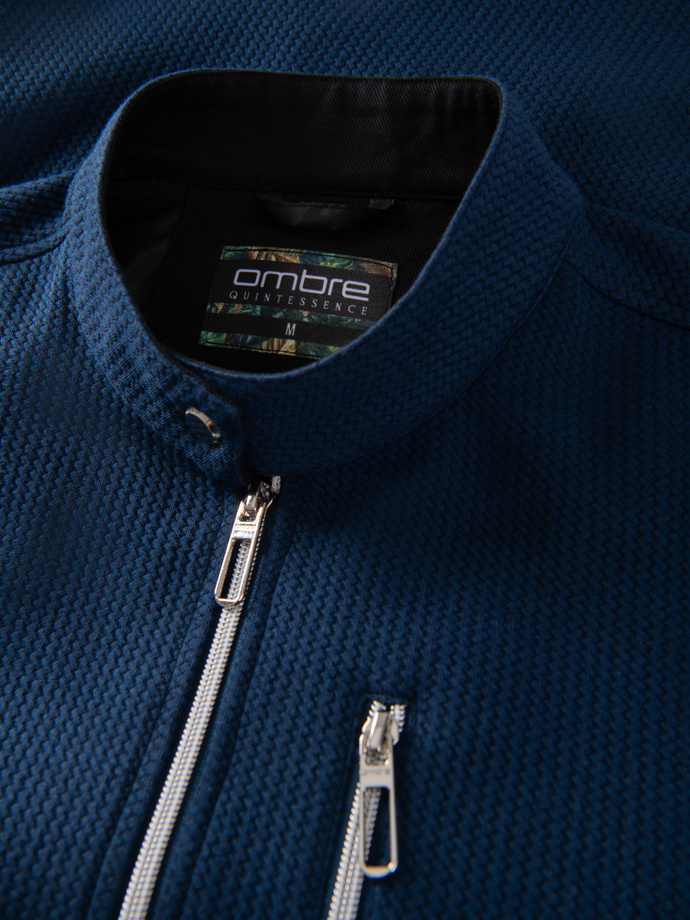 Strukturalna kurtka biker męska ze stójką – ciemnoniebieska V1 OM-JANP-0229