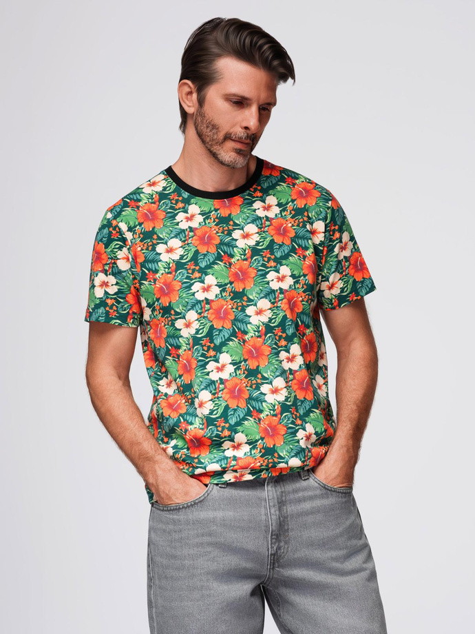 Męski t-shirt bawełniany w kwiatowy wzór full print – czarny V2 OM-TSFP-0249