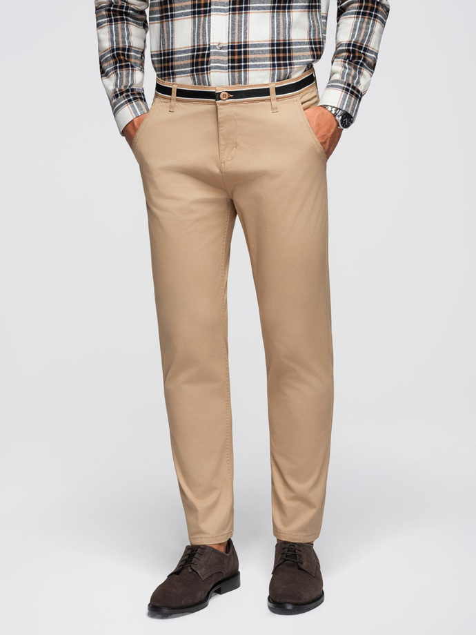 Męskie spodnie chino z ozdobną taśmą w pasie SLIM FIT – piaskowe V5 OM-PACP-0118