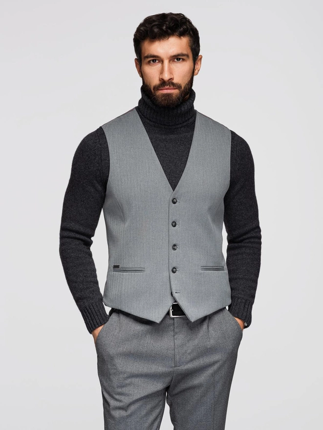 Elegancka męska kamizelka w jodełkę SLIM FIT  - szara V1 OM-BLZV-0143