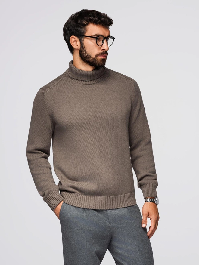 Golf męski sweter z dzianiny – szarobrązowy V1 OM-SWTN-0163