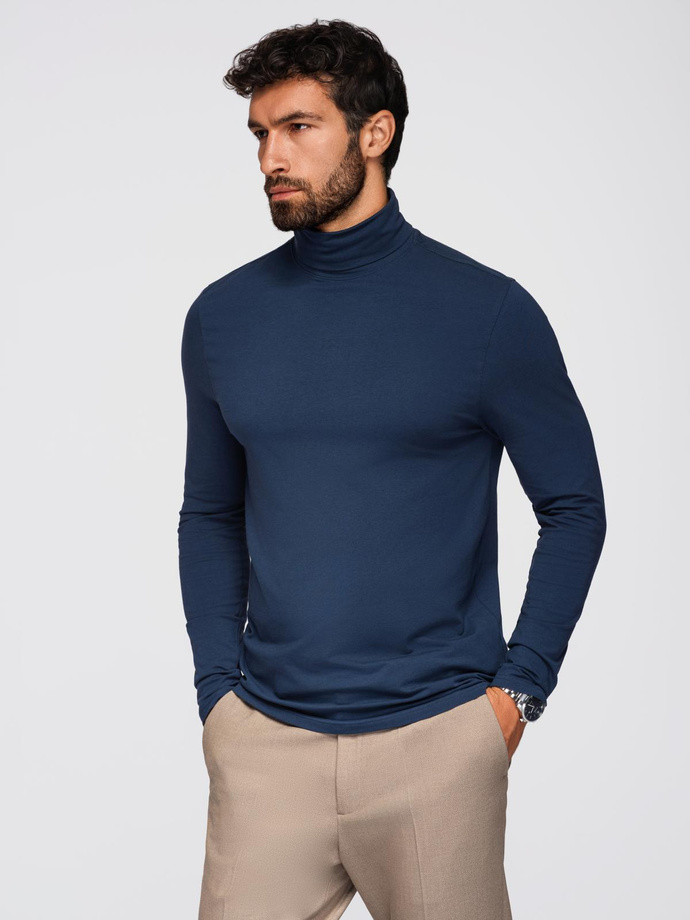 Męski longsleeve gładki z golfem - granatowy V2 OM-LSCL-0130