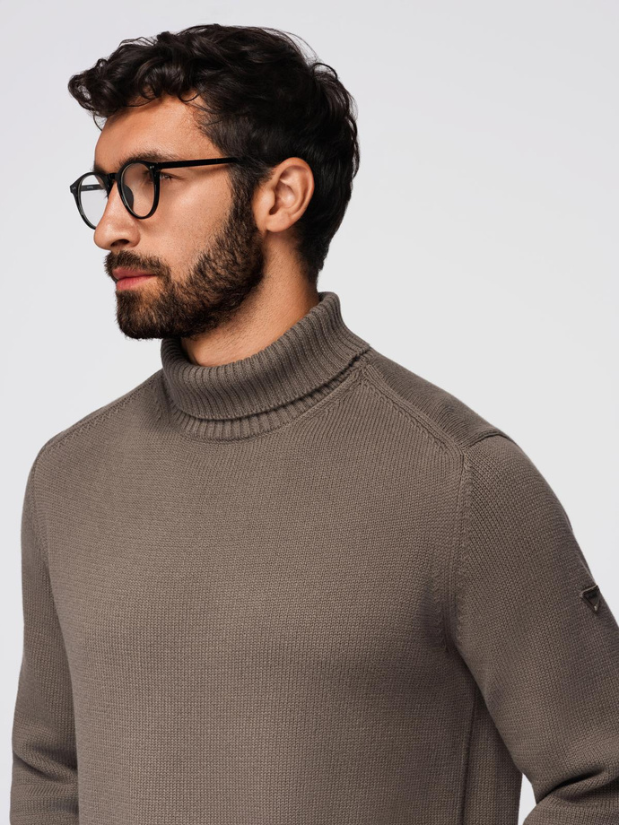 Golf męski sweter z dzianiny – szarobrązowy V1 OM-SWTN-0163