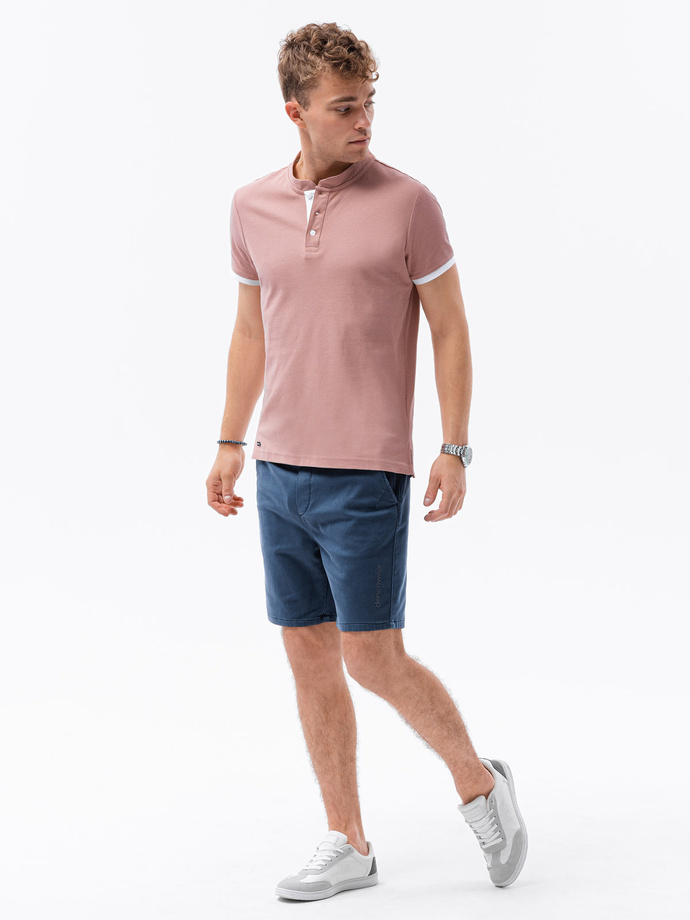 T-shirt męski polo bez kołnierzyka - różowy V7 S1381