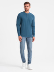 Longsleeve męski z dzianiny waflowej zapinany pod szyją – niebieski denim V4 OM-LSCL-0120