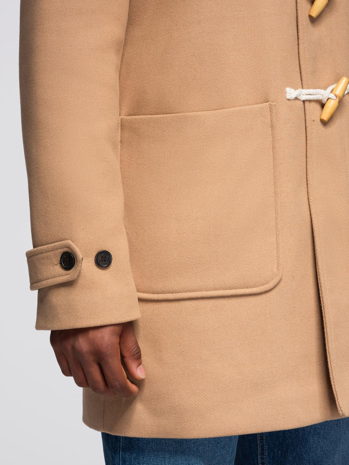 Płaszcz męski z wełną i kapturem duffle coat – jasnobrązowy V1 OM-COWC-0131