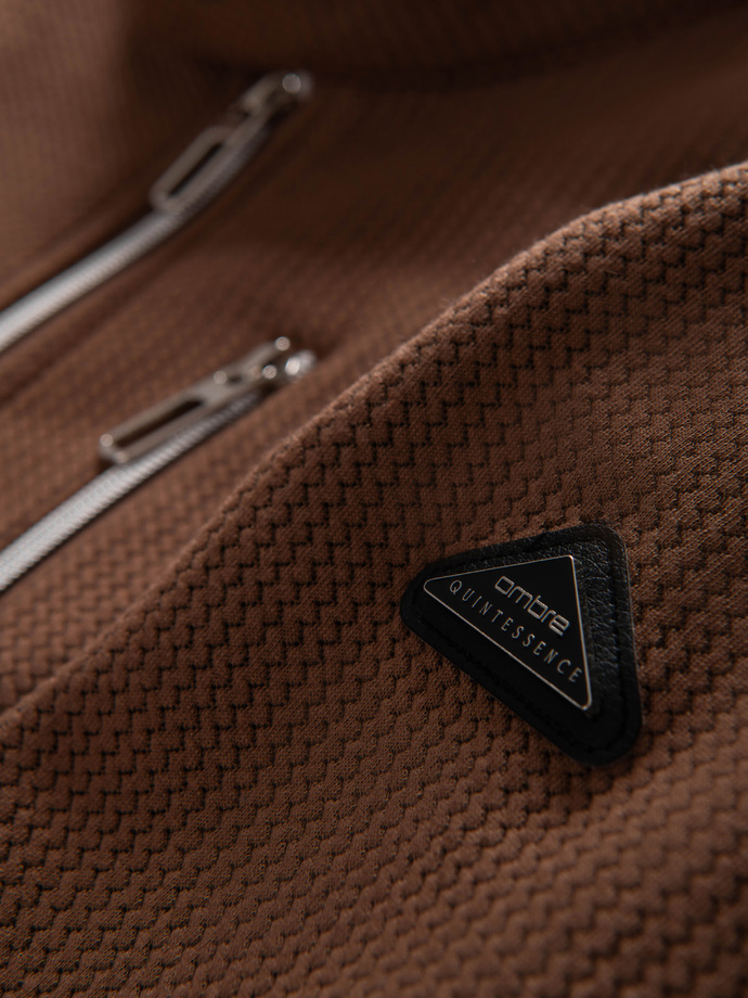 Męska strukturalna kurtka biker ze stójką – brązowa V2 OM-JANP-0229