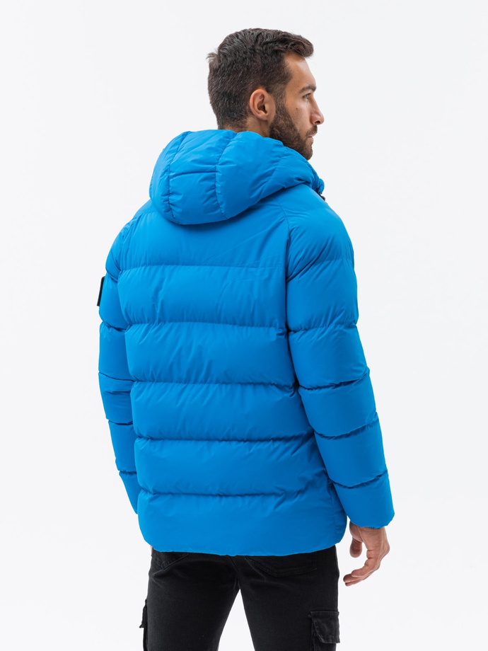 Mocno ocieplana pikowana kurtka męska z raglanowym rękawem – niebieska V2 OM-JAHP-0178