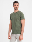 Koszulka męska dzianinowa z nadrukiem full print – oliwkowa V2 OM-TSFP-0250