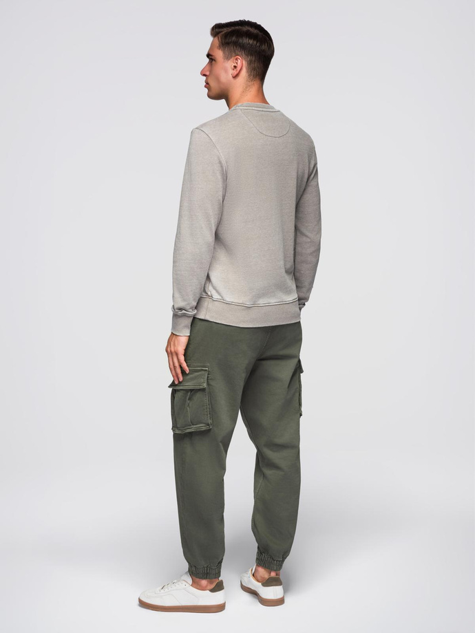 Washowana bluza męska z ozdobnym przeszyciem przy dekolcie - beżowa V2 OM-SSDS-0131