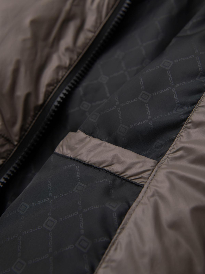 Ciepła męska kurtka puffer ze ściągaczami – ciemnobeżowa V3 OM-JAHP-0207