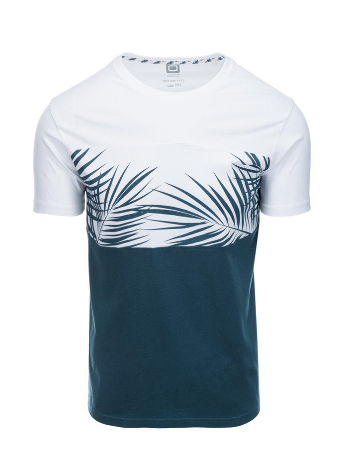 T-shirt meski dwukolorowy z nadrukiem w liście palmy - ciemnoniebieski V1 OM-TSPT-0177