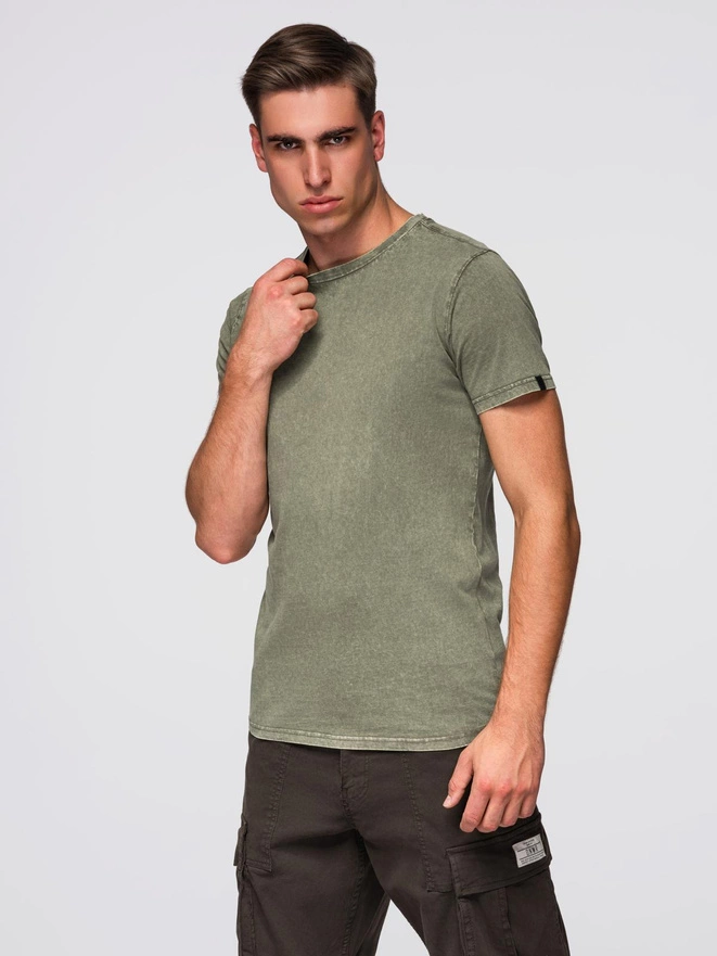 Męski t-shirt z efektem sprania – oliwkowy V4 OM-TSWT-0116