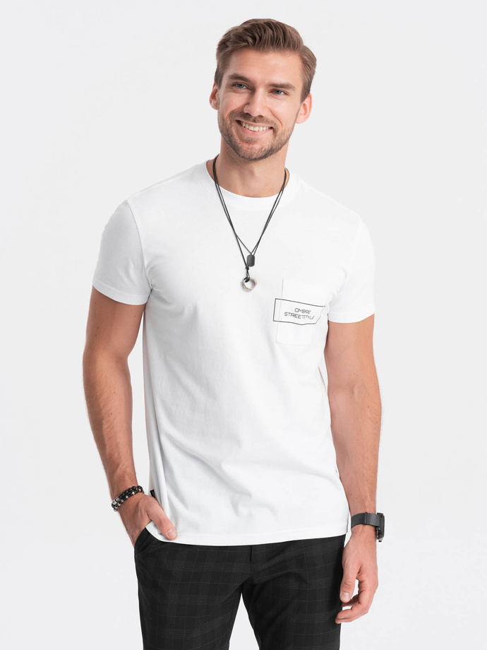 T-shirt męski bawełniany z nadrukiem na kieszonce - biały V8 S1742