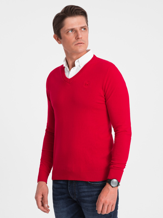 Sweter męski z dekoltem "w serek" z koszulowym kołnierzykiem - czerwony V4 OM-SWSW-0102