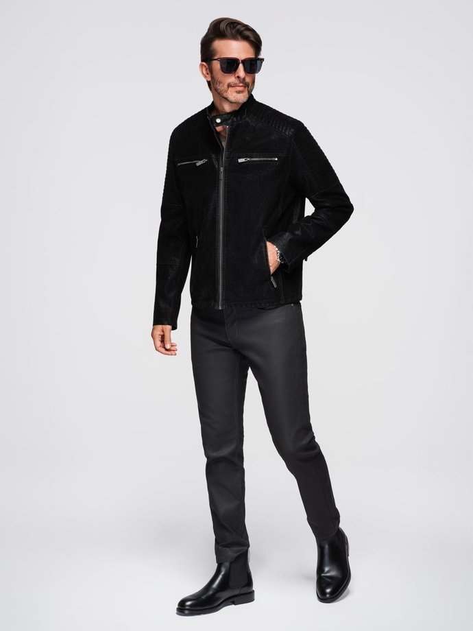 Kurtka męska biker ze stójką w stylu retro – czarna V2 OM-JAFL-0197