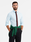 Klasyczna męska bawełniana koszula SLIM FIT w rybki - błękitna V4 OM-SHCS-0156
