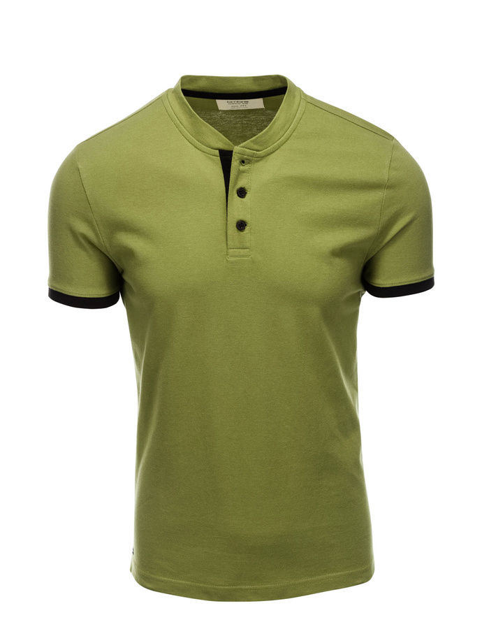 T-shirt męski polo bez kołnierzyka - oliwkowy V6 S1381