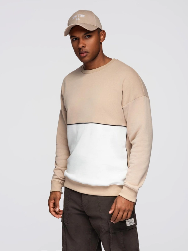 Bluza męska OVERSIZE z kontrastowym łączeniem kolorów - beżowa V2 OM-SSNZ-0130