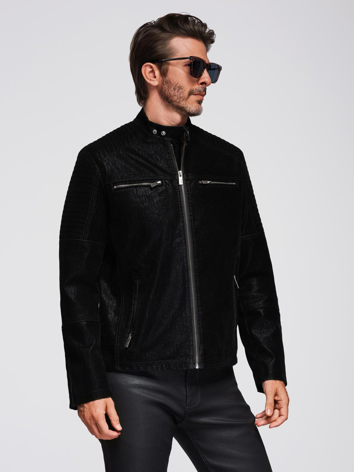 Stylowa męska kurtka biker z eco skóry ze stójką - czarna V2 C637