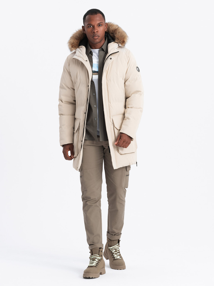 Ocieplana długa męska kurtka parka z rozpinanym dołem – kremowa V1 OM-JALJ-0184