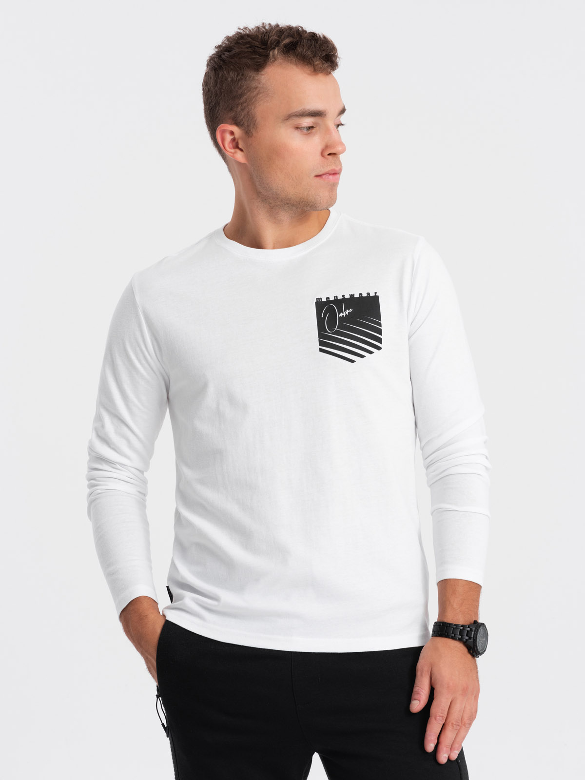 Longsleeve męski z printem w kształcie kieszonki - biały V1 OM-LSPT-0118
 -                                    XL