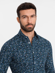 Męska koszula bawełniana we wzory SLIM FIT - ciemnoniebieska V1 OM-SHCS-0151