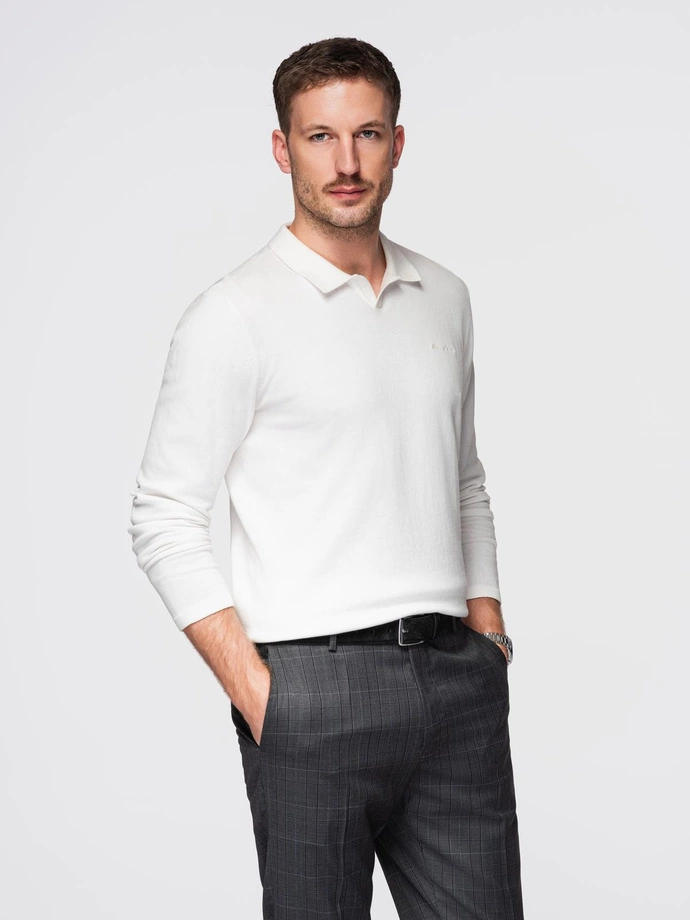 Sweter męski polo z haftem na piersi – biały V2 OM-POLS-0140