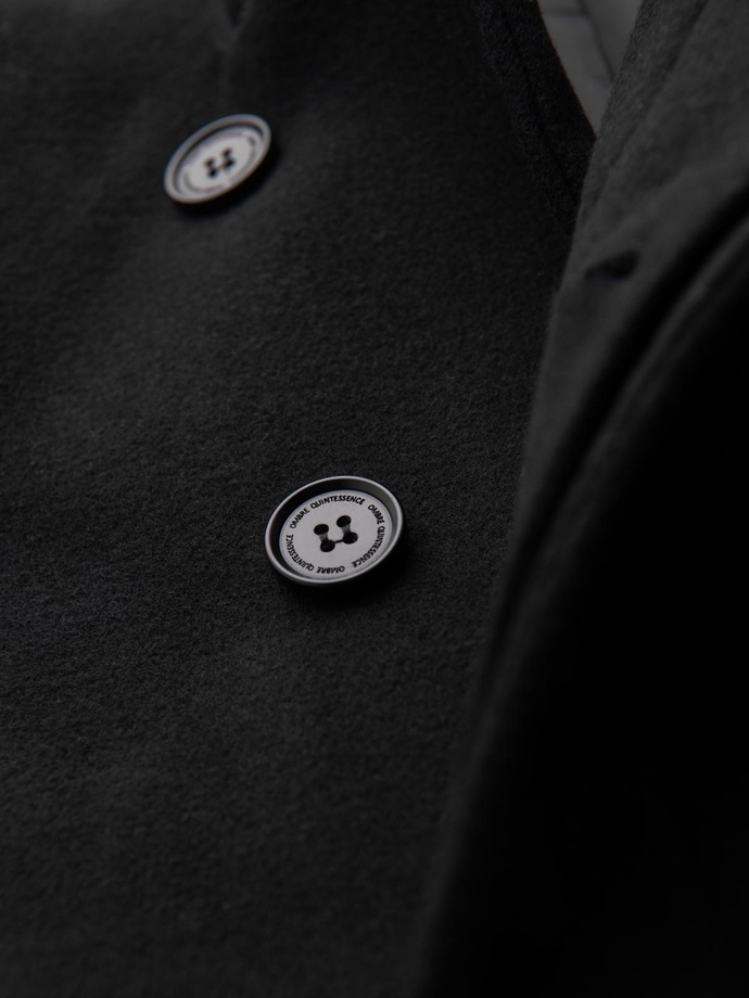 Męski płaszcz z wysokim kołnierzem i asymetrycznym zapięciem – czarny V2 OM-COWC-0141